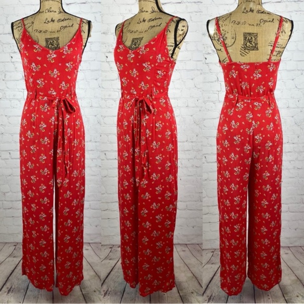 Mind Code Crinkly Floral Belted Wide Leg Jumpsuit